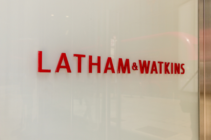 Red sign of the law firm Latham & Watkins in their London office