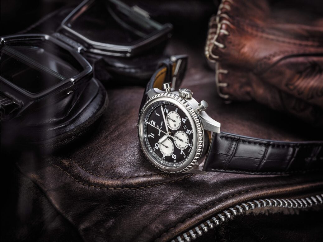 Navitimer 8 B01with black dial and black alligator strap. (PPR/Breitling)