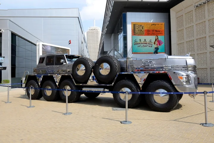 The Dhabiyan - a modified military truck - on a sunny day in Dubai