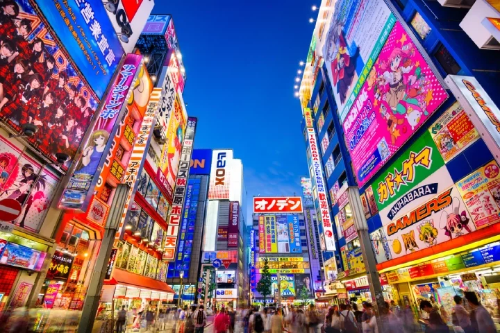 Crowds pass below colorful signs in Akihabara. The historic electronics district has evolved into a shopping area for video games, anime, manga, and computer goods.