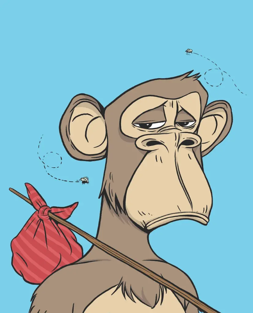 An illustration of a sad monkey with flies buzzing around with a handkerchief tied around a stick