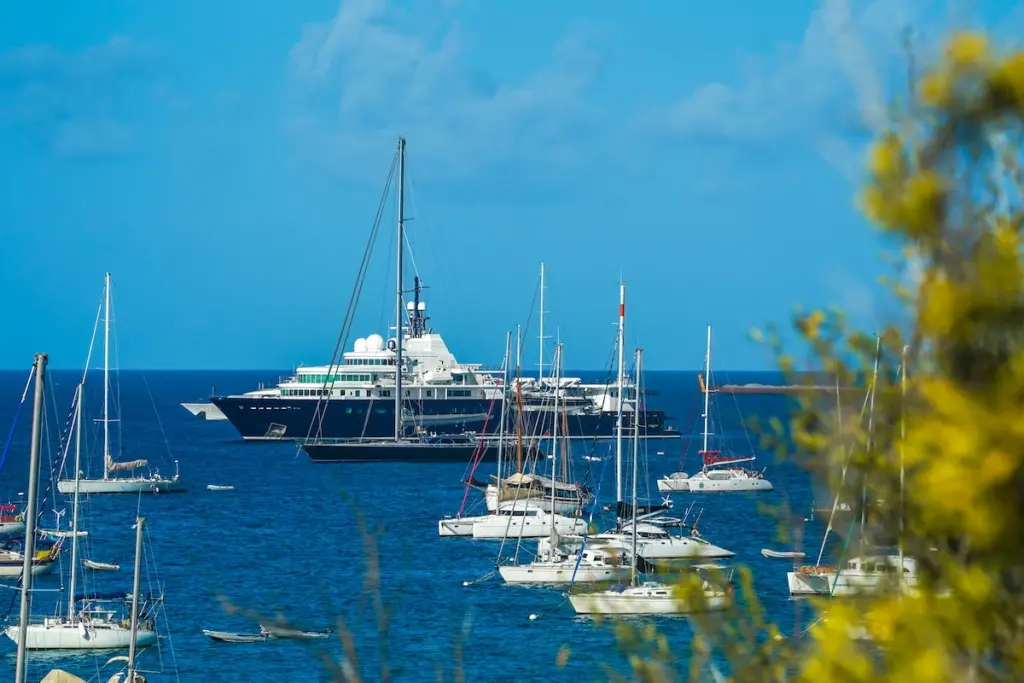 The 371 ft Le Grand Bleu superyacht  that was once owned by Russian businessman Eugene Shvidler anchored off Gustavia