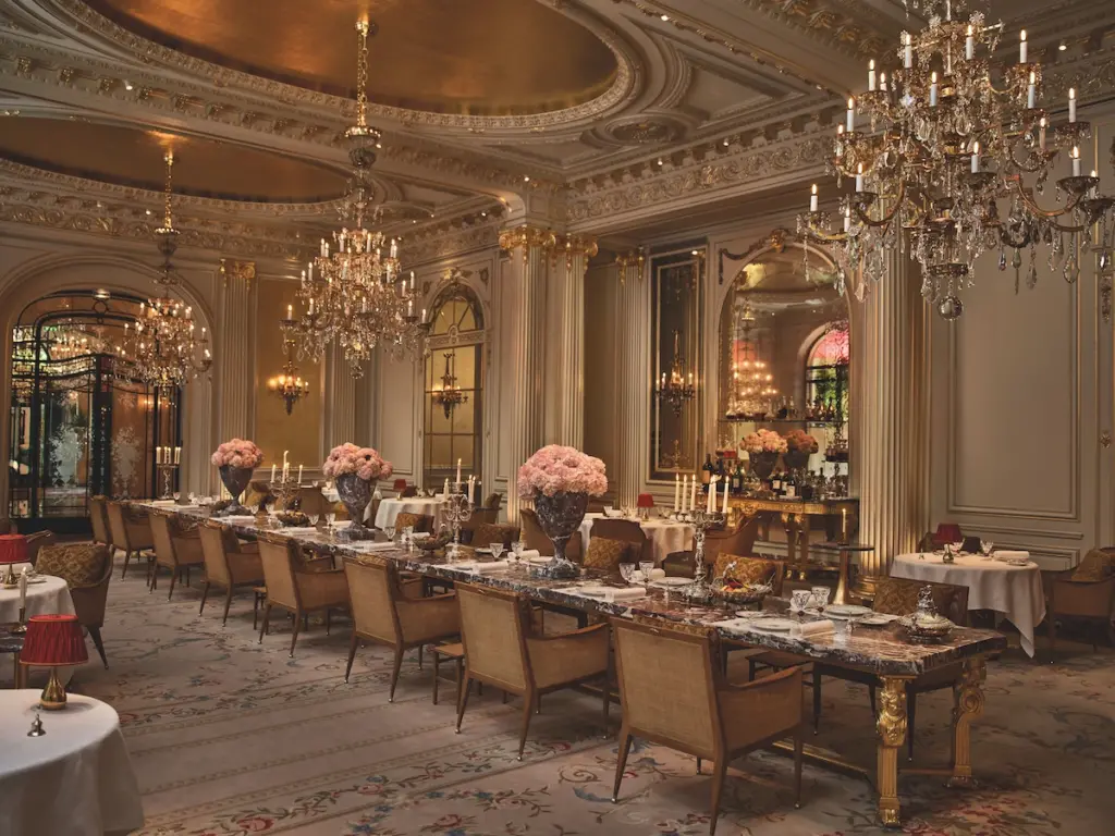 Interior of the Jean-Imbert au Plaza Athenee with chandeliers, flowers and candelabras