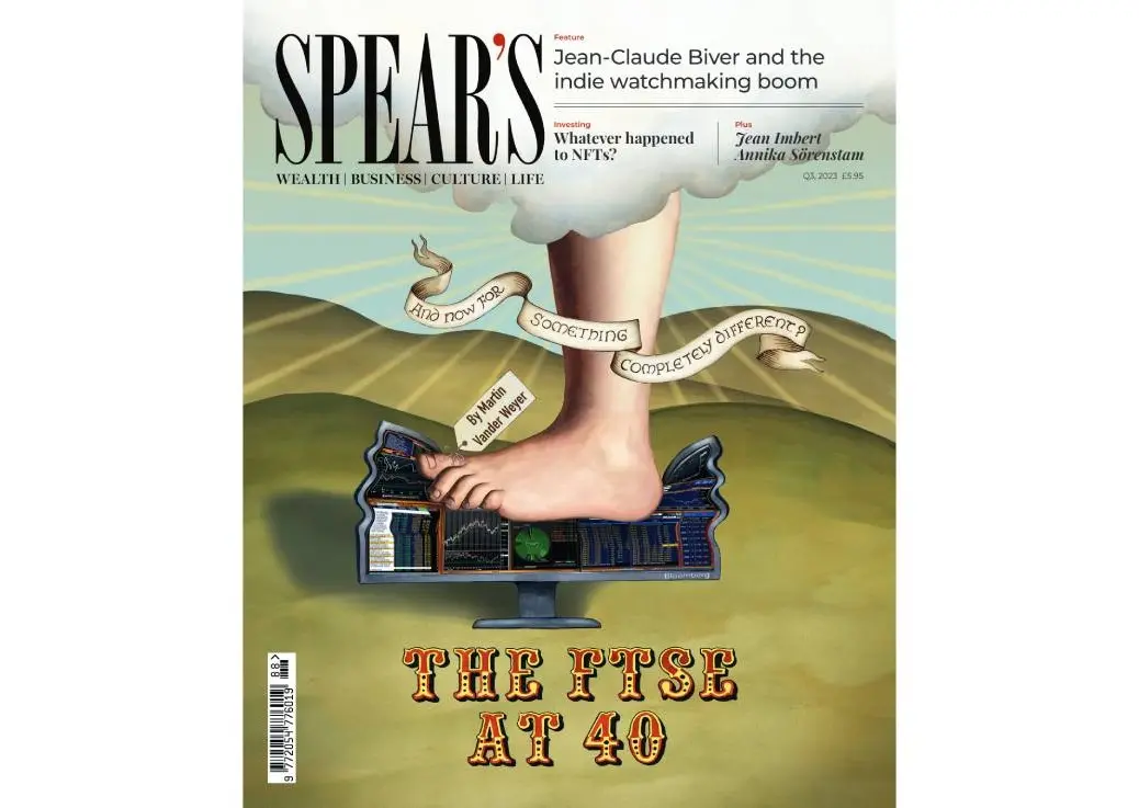 Spear's issue 88 front cover featuring a foot smashing a computer screen with FTSE data on