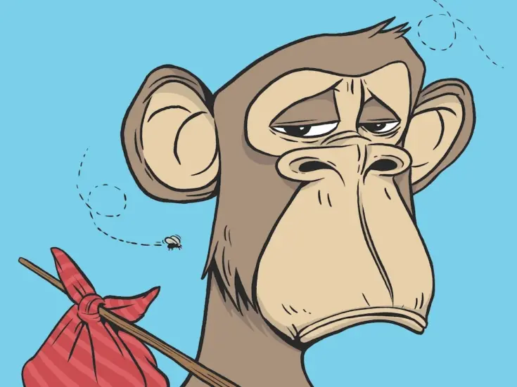 An illustration of a sad monkey with flies buzzing around with a handkerchief tied around a stick