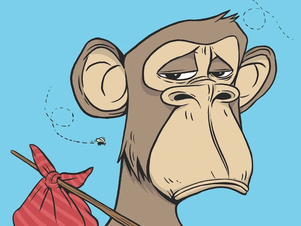 An illustration of a sad monkey with flies buzzing around with a handkerchief tied around a stick