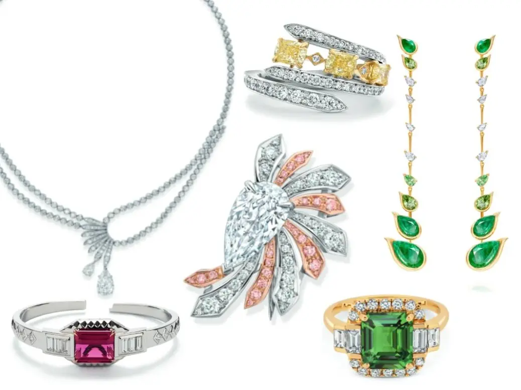 Boodles’ ‘Peace of Mined’ platinum diamond necklace (top left); Ara Vartanian diamond and rubellite bracelet (bottom left); Sophie Breitmeyer’s ‘Mine to mount’ Art Deco-inspired emerald and diamond ring (bottom right); Flicker Drop earrings by Fernando Jorge (right); Boodles ‘Peace of Mined’ design ring set (top middle); Boodles’ ‘Peace of Mined’ brooch (middle).