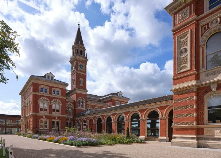 Dulwich College on a sunny day, with its brich towers and structure