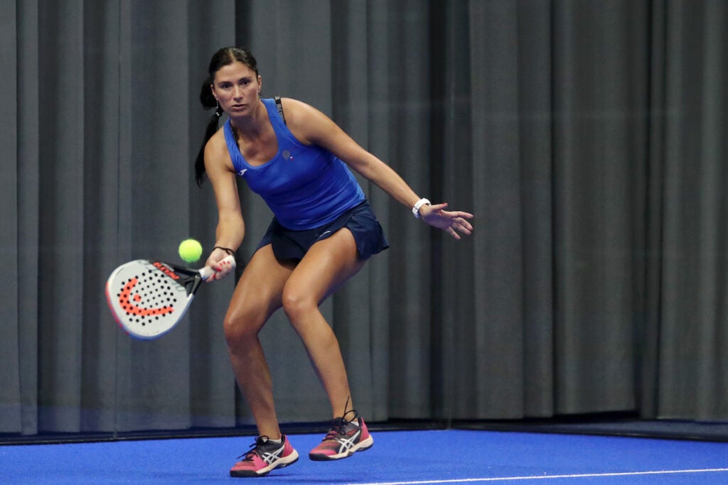 DERBY, ENGLAND - SEPTEMBER 30: Klara Janackova of Czech Republic in action in the Women's doubles match against Noa Haddad and Monika Erdelyi of Hungary during day one of the XVI World Padel Championships European Qualifying at We Are Padel Derby on September 30, 2022 in Derby, England. (Photo by Morgan Harlow/Getty Images for LTA)