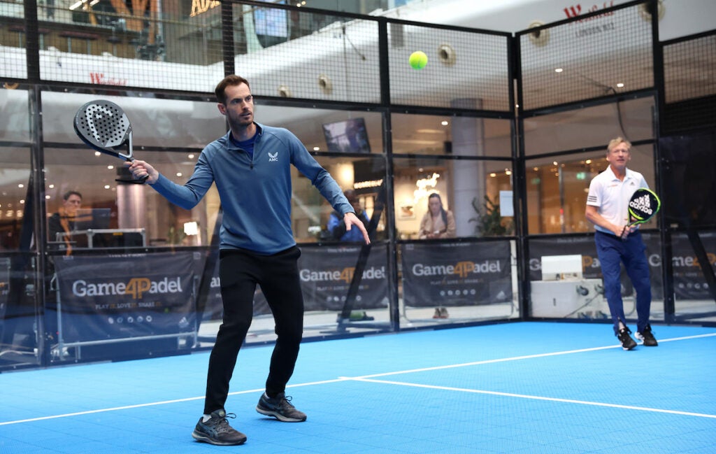 Andy Murray playing padel at a pop-up in Westfield White City