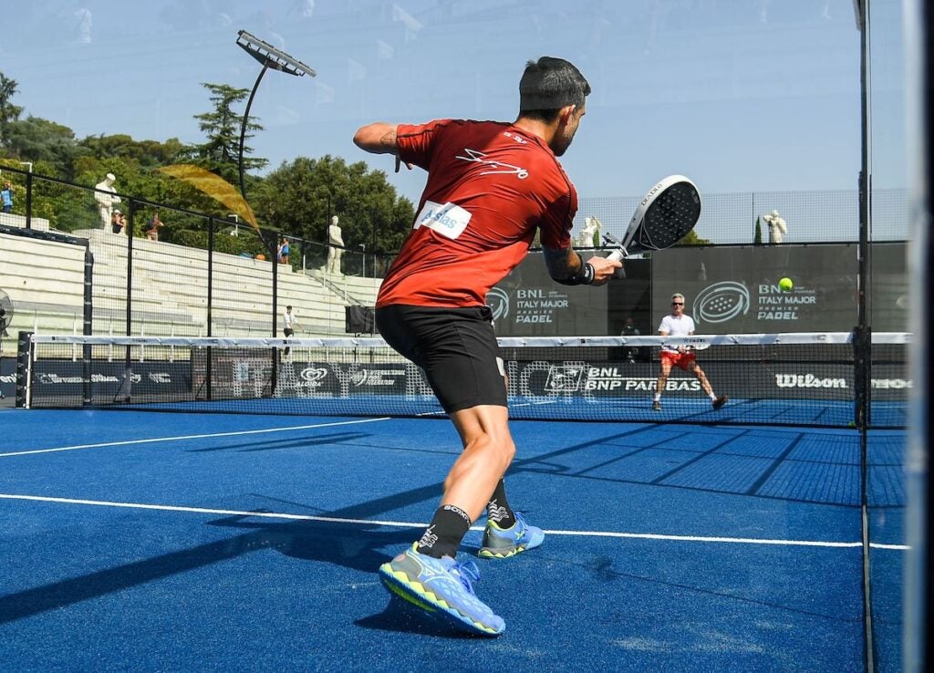 Carlos Daniel Gutierrez of Argentina in action during the match of the Italy Major Premier Padel 2023 played in pairs with and Jeronimo Gonzalez of Spain against Denis Tomas Perino of Italy and Miguel Lamperti of Argentina on July 12, 2023 in Rome, Italy.