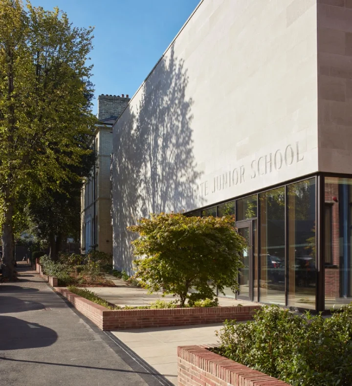 Perspective along entrance facade. Highgate Shool, London