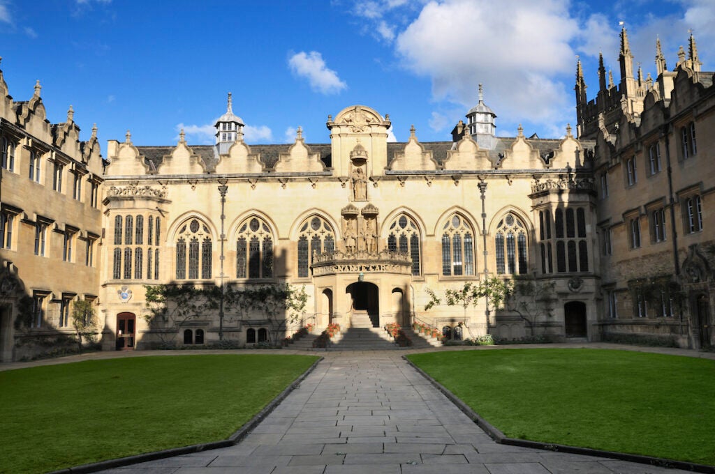 East range front quad of Oriel College at the University of Oxford. Oxfordshire, England, UK