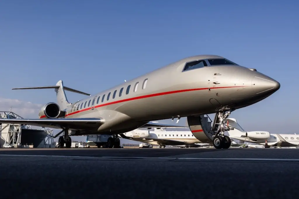 A Bombardier Global 7500 business jet during a presentation of the brand new aircraft from the global business aviation company at Geneva airport