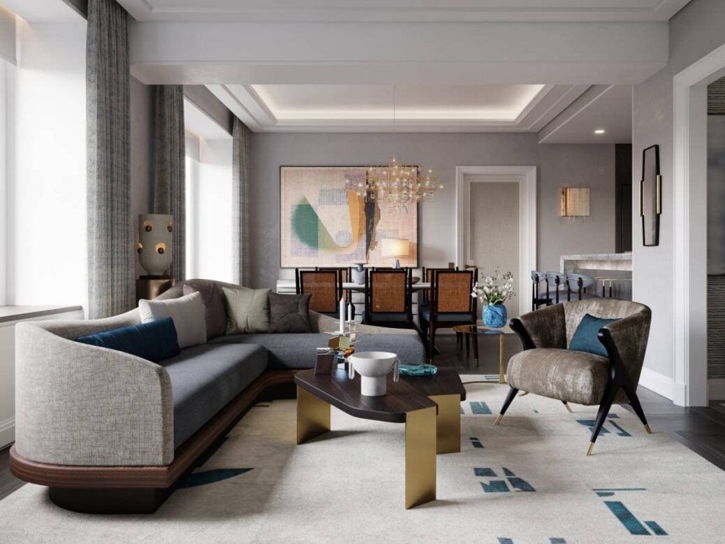 View of a living room in a Waldorf Astoria Residences in New York