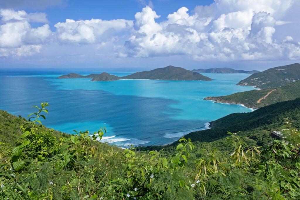 Seascape showing islets and azure-blue water on the north side of the island Tortola