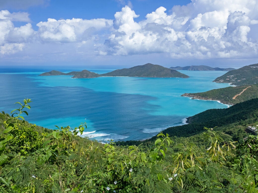 Seascape showing islets and azure-blue water on the north side of the island Tortola