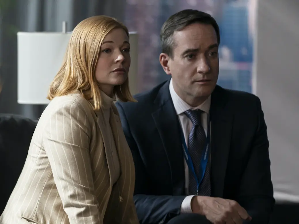 A still from the TV series Succession of featuring Shiv (Sarah Snook) and Tom (Matthew Macfadyen