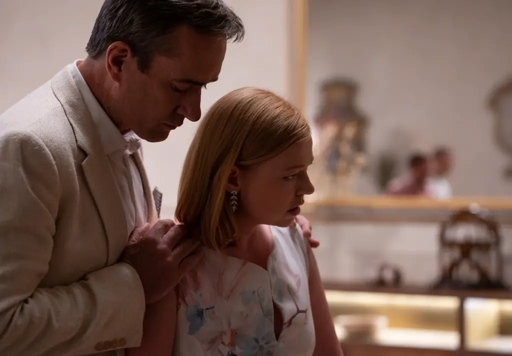 A still from the TV series Succession of featuring Shiv (Sarah Snook) and Tom (Matthew Macfadyen