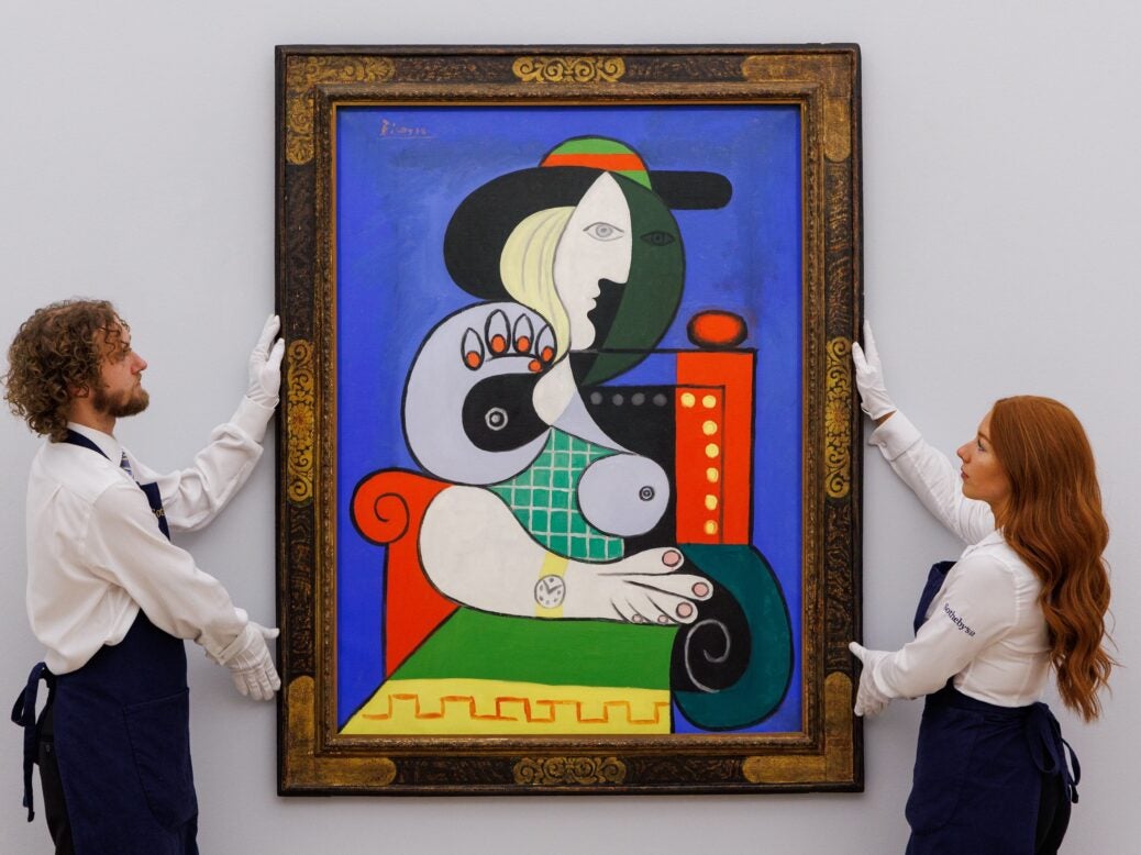 LONDON, ENGLAND - OCTOBER 06: Pablo Picasso’s Femme à la montre, from 1932, the artist’s ‘golden year’ goes on view at Sotheby's on October 06, 2023 in London, England. The painting is on view to the public in London until 11 October at Sotheby’s. Estimated to realise in excess of $120m when it is offered at auction in New York this November, the work is one of the most valuable paintings ever to come to the market. (Photo by Tristan Fewings/Getty Images for Sotheby's)