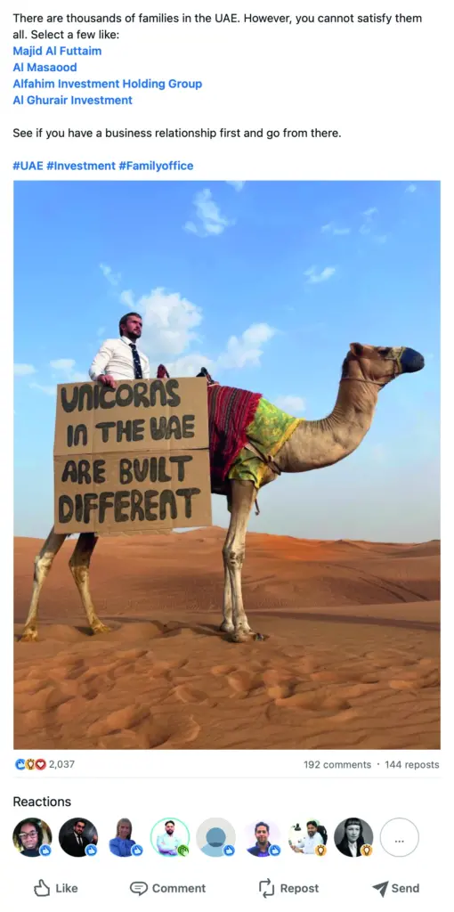 A screengrab of a LinkedIn page featuring a man on a camel
