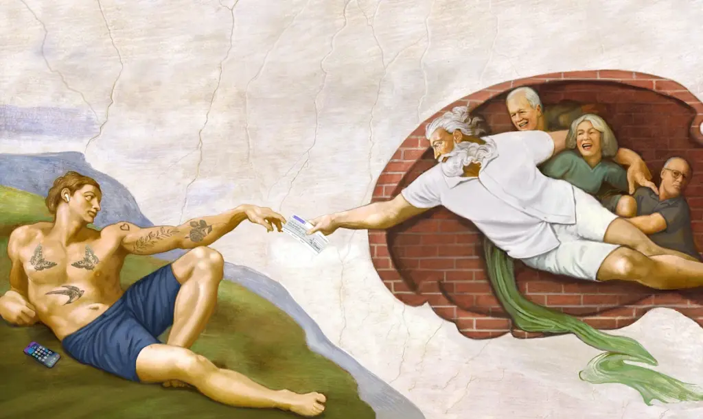 Billionaires An illustration in the style of the sistine chapel illustrating the great wealth transfer
