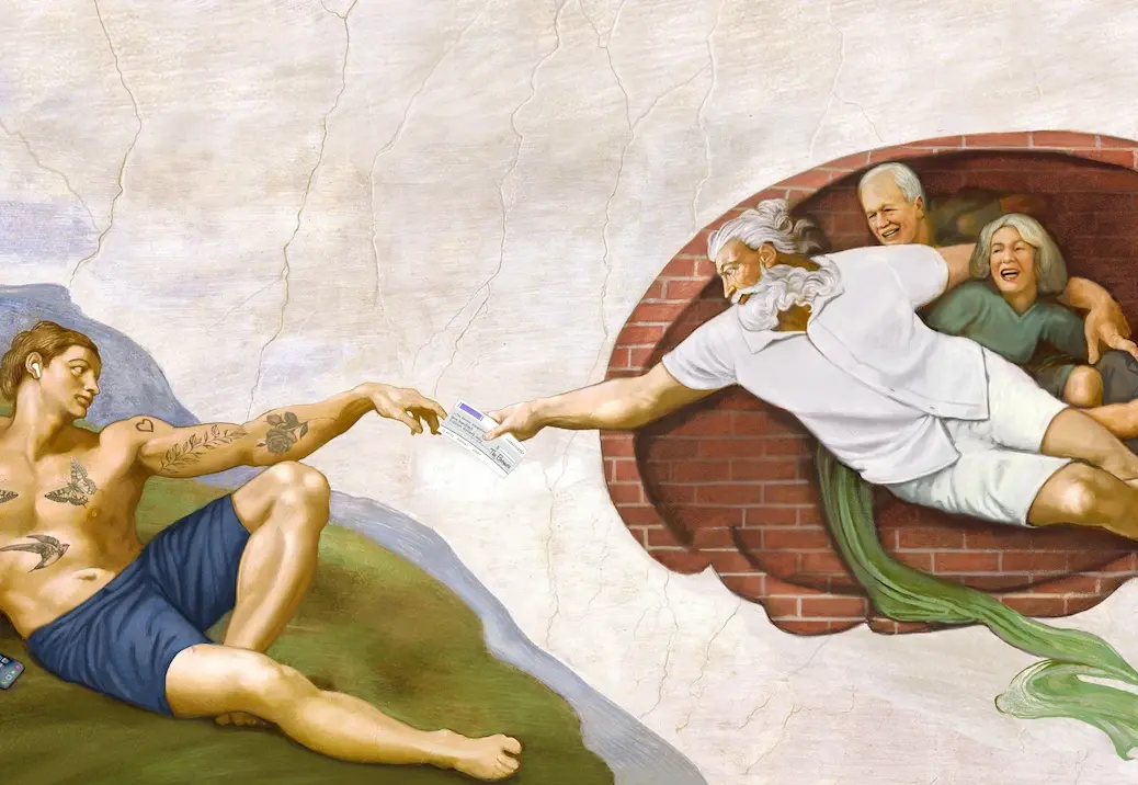 Billionaires An illustration in the style of the sistine chapel illustrating the great wealth transfer