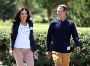 SUN VALLEY, IDAHO - JULY 09: CEO of Facebook Mark Zuckerberg walks with COO of Facebook Sheryl Sandberg after a session at the Allen & Company Sun Valley Conference on July 08, 2021 in Sun Valley, Idaho. After a year hiatus due to the COVID-19 pandemic, the world’s most wealthy and powerful businesspeople from the media, finance, and technology worlds will converge at the Sun Valley Resort for the exclusive week-long conference. (Photo by Kevin Dietsch/Getty Images)