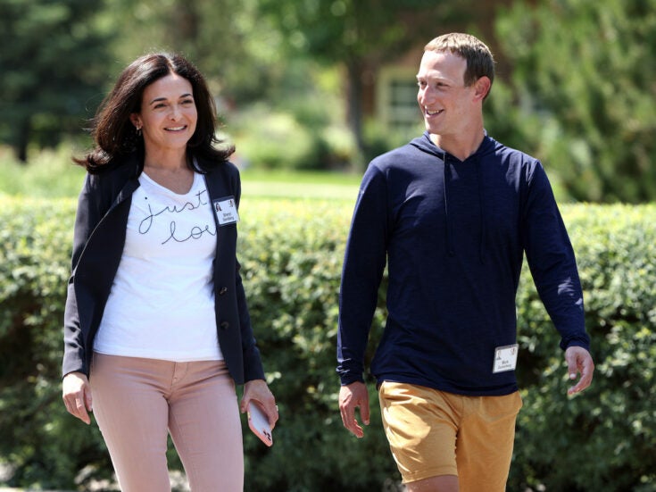 SUN VALLEY, IDAHO - JULY 09: CEO of Facebook Mark Zuckerberg walks with COO of Facebook Sheryl Sandberg after a session at the Allen & Company Sun Valley Conference on July 08, 2021 in Sun Valley, Idaho. After a year hiatus due to the COVID-19 pandemic, the world’s most wealthy and powerful businesspeople from the media, finance, and technology worlds will converge at the Sun Valley Resort for the exclusive week-long conference. (Photo by Kevin Dietsch/Getty Images)