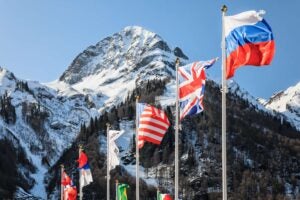 The mountains in Davos with international flags from the World Economic Forum