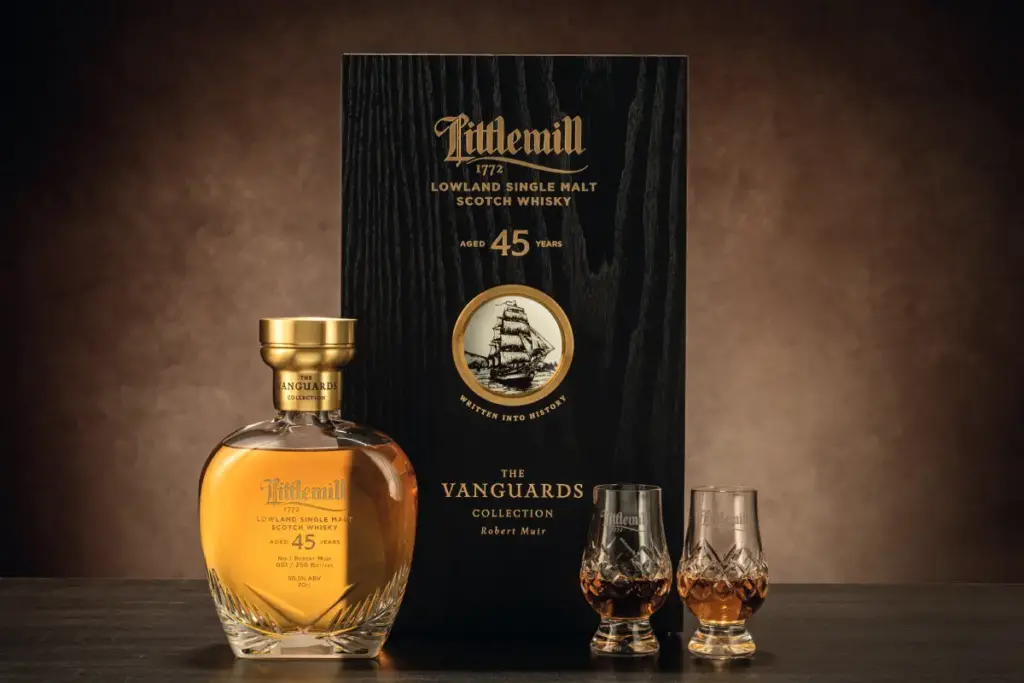 A bottle of Littlemill The Vanguards with its box and two whisky glasses filled with whisky
