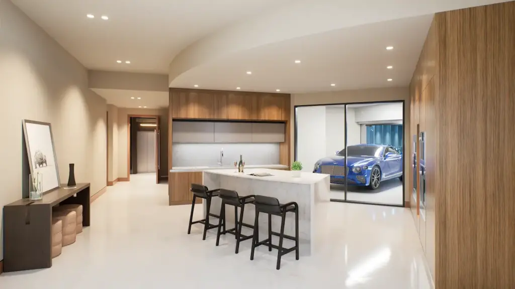 A kitchen with a glass-walled garage