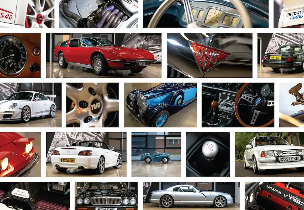 A composite of classic cars, including Austin J40 pedal car, Porsche GT3 RS 4.0, Daimler 6, Ford Escort RS Turbo, and TVR Cerbera