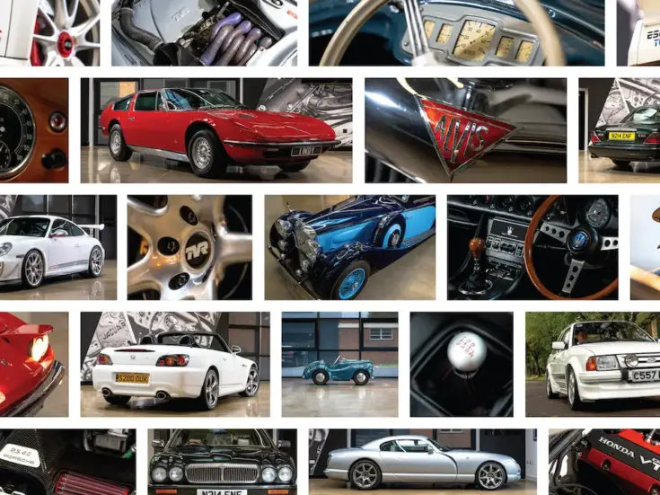 A composite of classic cars, including Austin J40 pedal car, Porsche GT3 RS 4.0, Daimler 6, Ford Escort RS Turbo, and TVR Cerbera