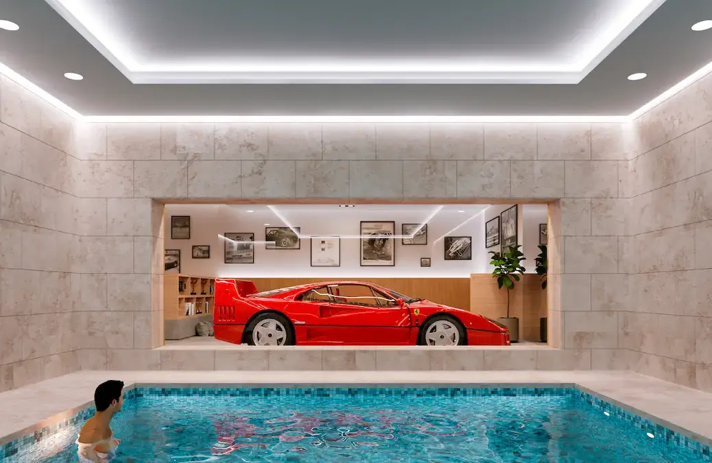 A rendering of a pool with a Ferrari seen through the glass