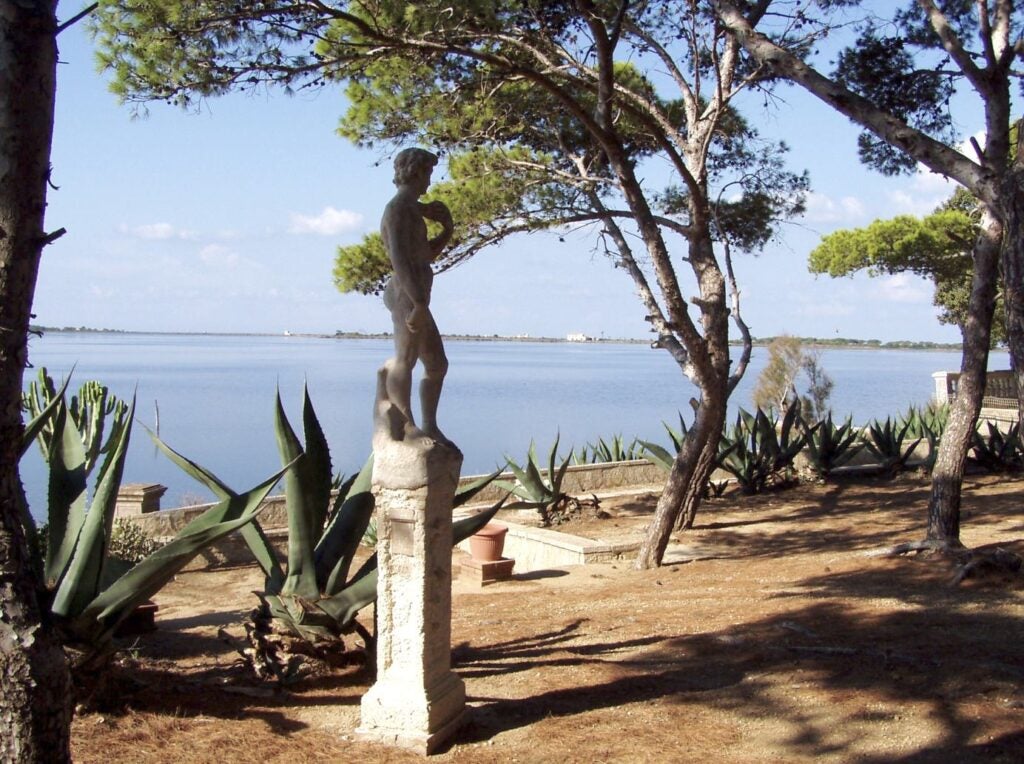 A beach with pine trees and a statue