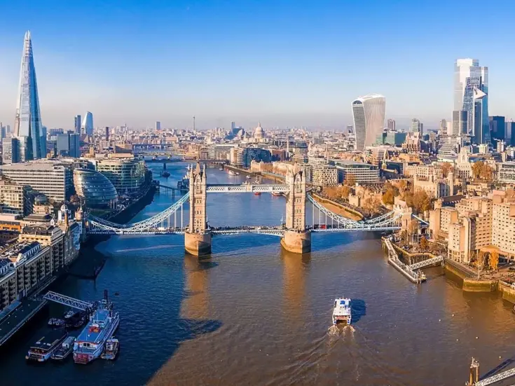 Aerial shot of London featuring Tower Bridge