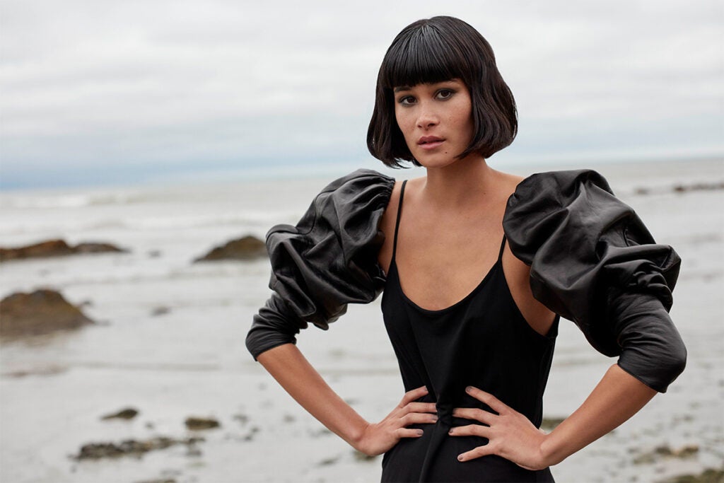 A model showcasing a pair of leather sleeves by Paula Rowan / Image: Paula Rowan