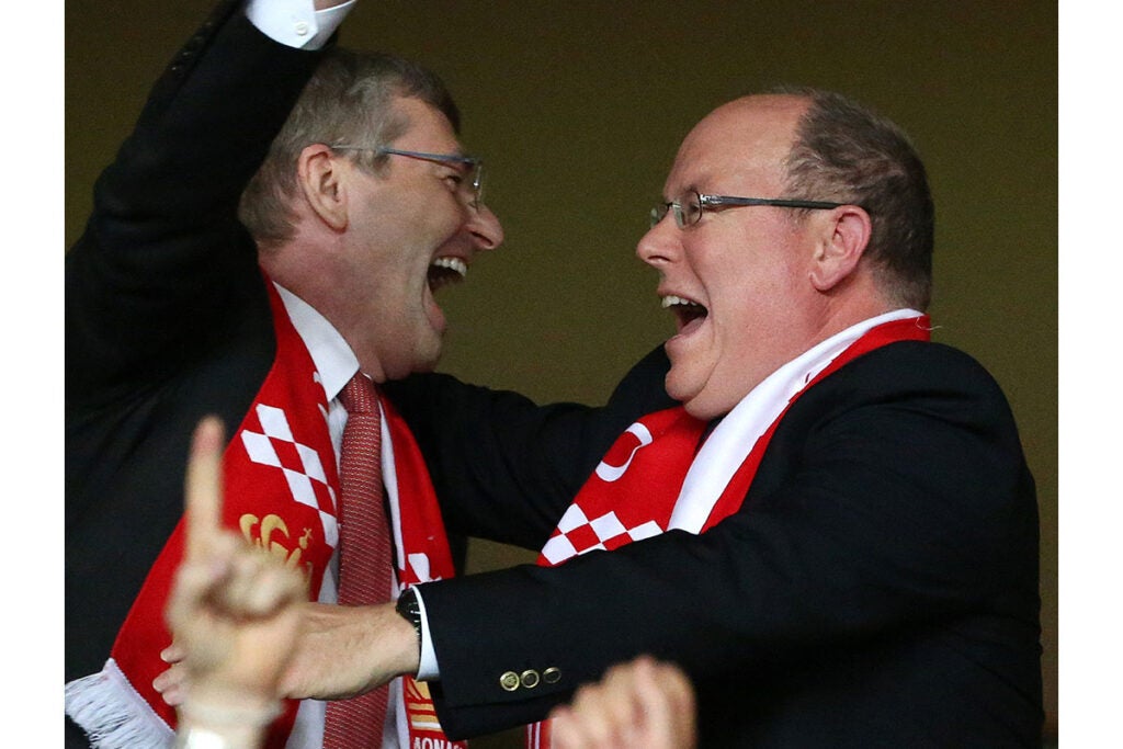 Dmitry Rybolovlev and Prince Albert II of Monaco celebrate following the victory of AS Monaco in Ligue 1 in 2017
