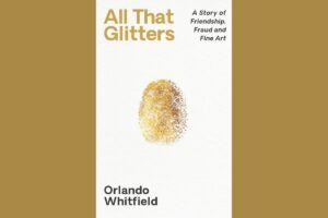 Cover of a book called All That Glitters featuring a gold finger print. Book is on a gold background