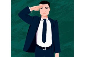 An illustration showing a wealth manager saluting
