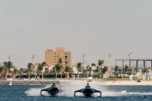 Two e-boats racing on the sea during the E1 race in Jeddah