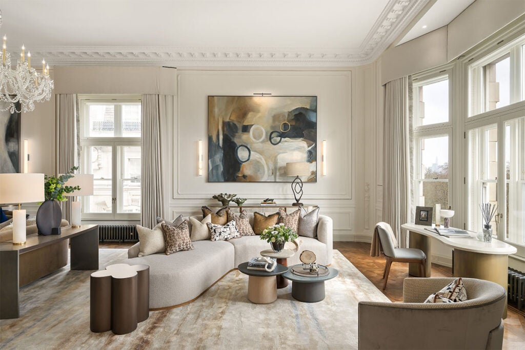 A living room inside a Mayfair property at 149 Old Park Lane