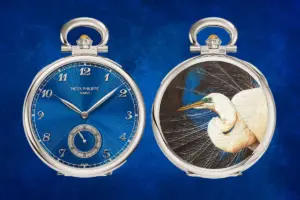 Patek Philippe 'Portrait of a white egret' pocket watch in wood marquetry and flinqué enamel
