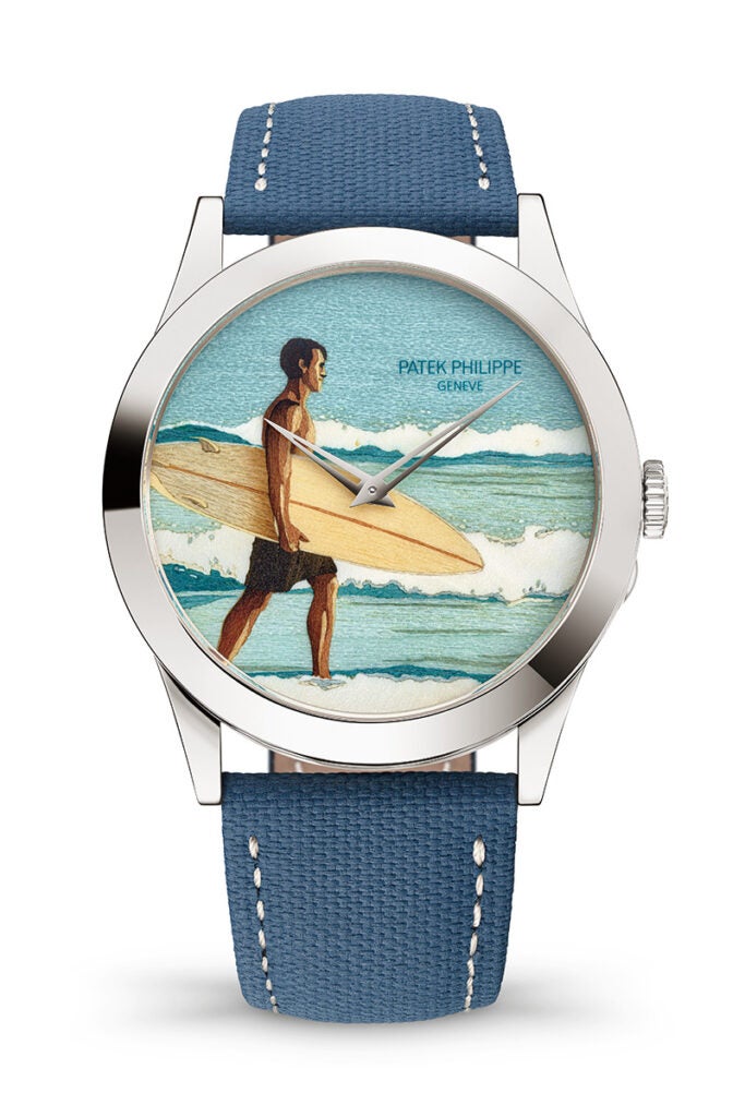 Patek Philippe's “Morning on the Beach” / Calatrava wristwatch with dial in wood marquetry