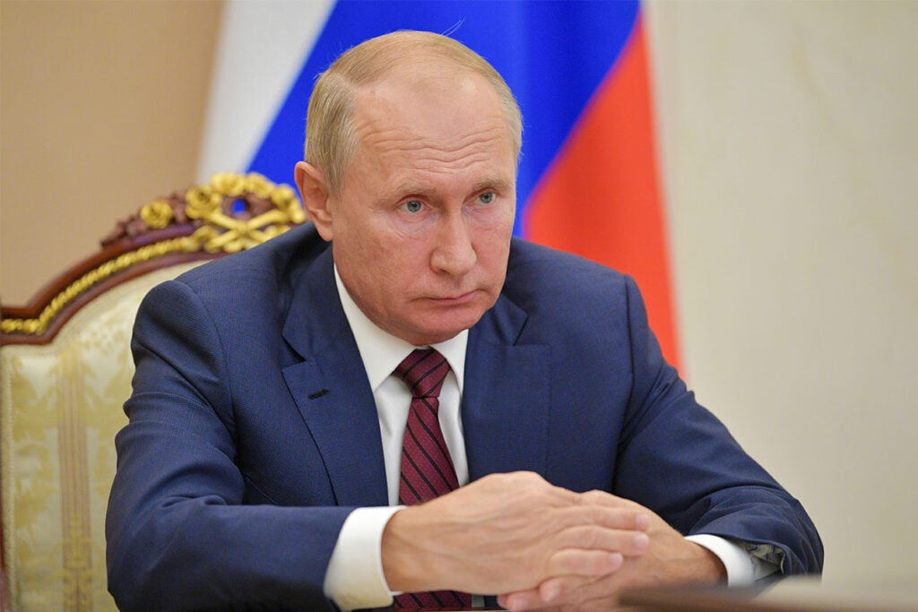 Portrait Russian President Vladimir Putin at a press conference