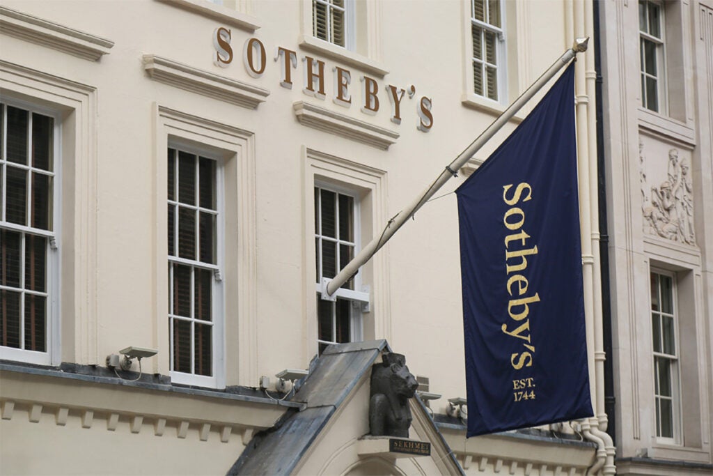 A flag hangs outside Sotheby's on New Bond Street, London