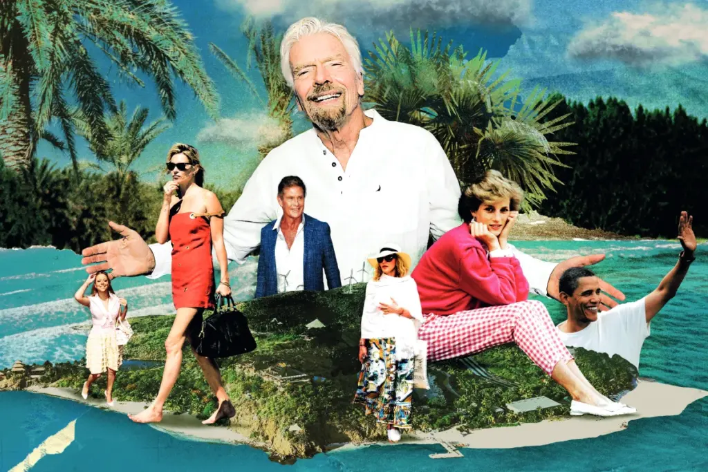 A collage featuring Richard Branson, Princess Diana, Barack Obama on the island of Necker