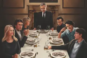 An illustration showing Bernard Arnault standing at the head of a table with his six children seated