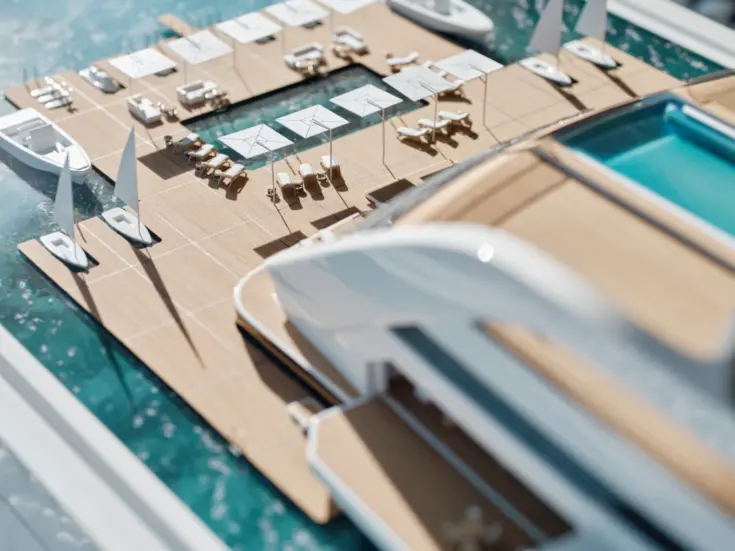A rendering of a residential yacht.